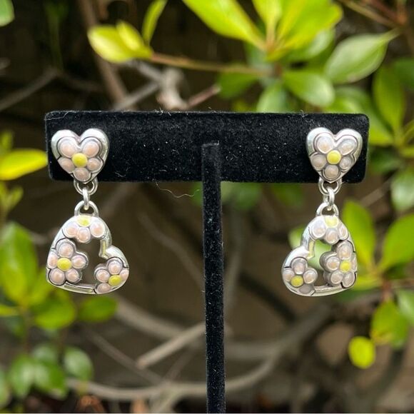 Authentic Brighton Pink & Yellow Enameled Silver Floral Heart Post Earrings. EUC - Picture 1 of 3